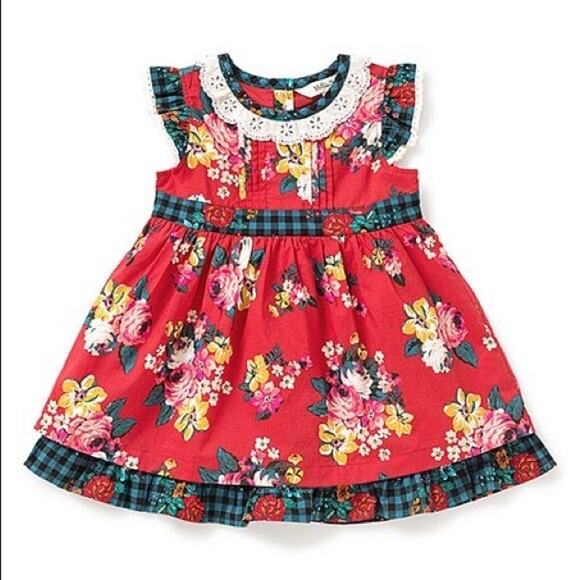 Matilda Jane Red + Green Sugar Plum Holiday Floral Ruffle Dress - 3 to 6 Months - Picture 9 of 9